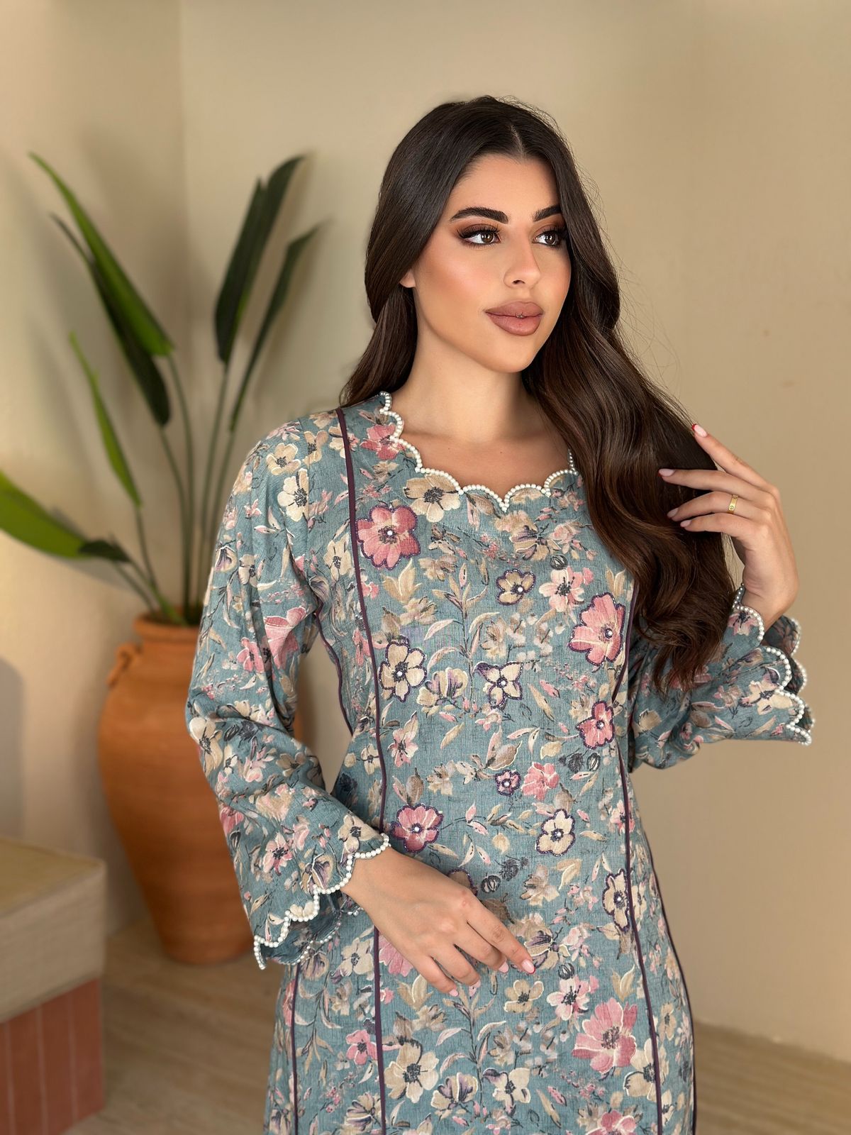 linen dress flower gold